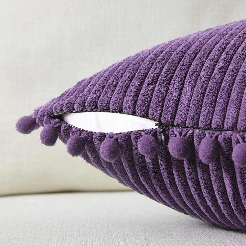 Purple Corduroy Luxury Farmhouse Velvet Pompom Cute Throw Pillow Cover/CaseSet